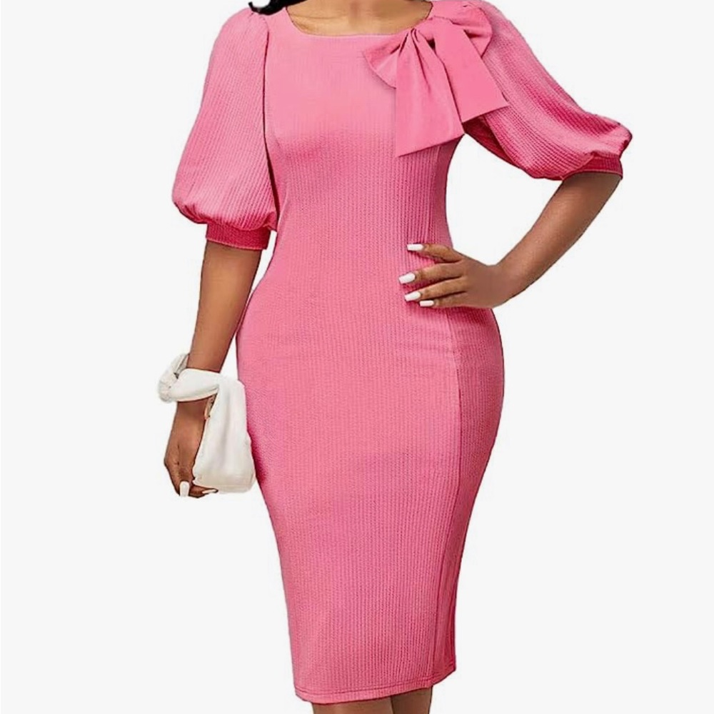 Pink puff sleeve dress. Size L large.